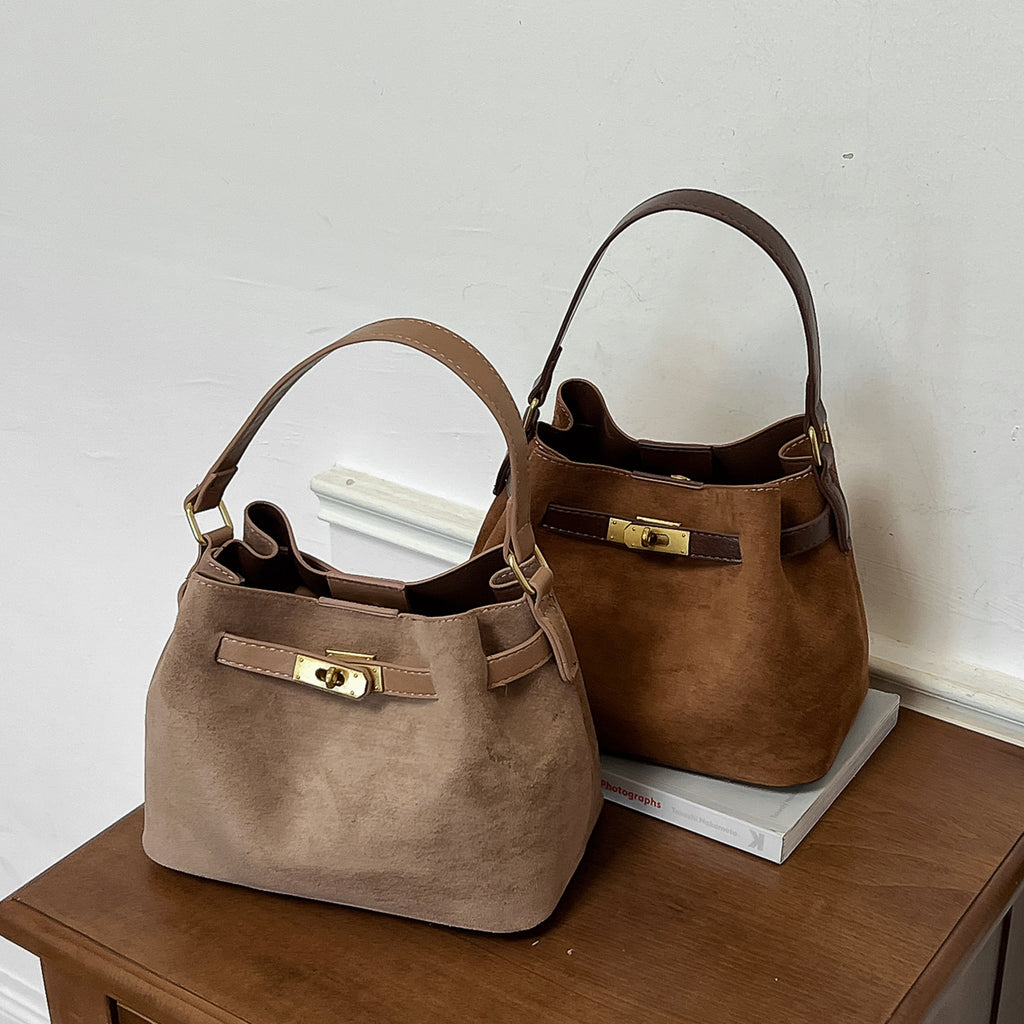 Suede Look Mini Bucket Bag with Metal Lock Detail and Adjustable Strap