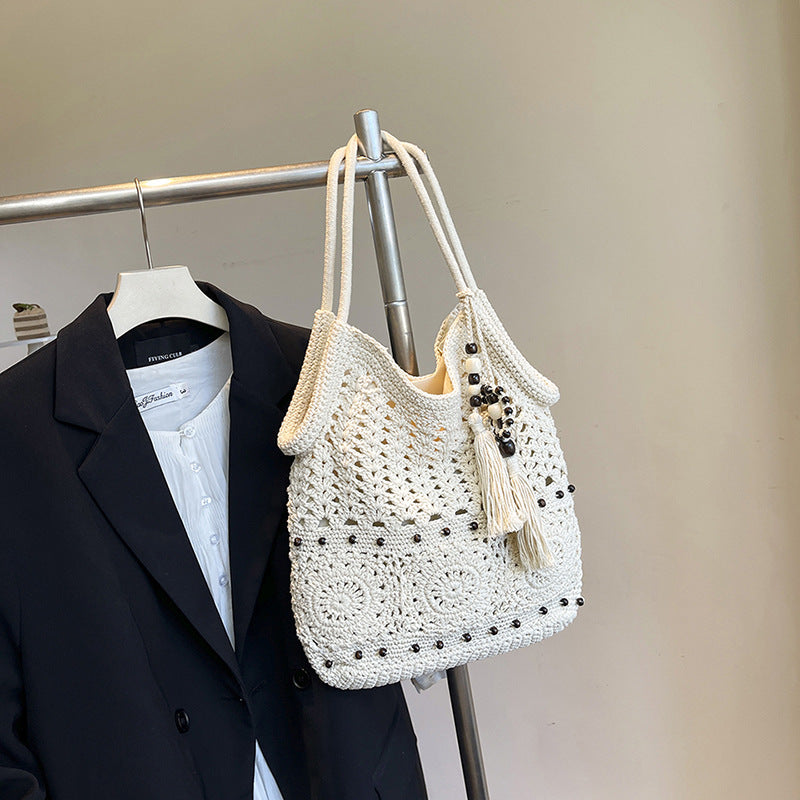 White Woven Hollow Tassel Detail Large Capacity Shoulder Tote Bag