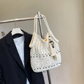 White Woven Hollow Tassel Detail Large Capacity Shoulder Tote Bag
