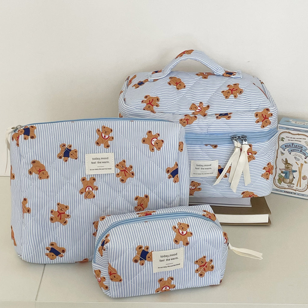Striped Bear Large Capacity Quilted Cosmetic Bag