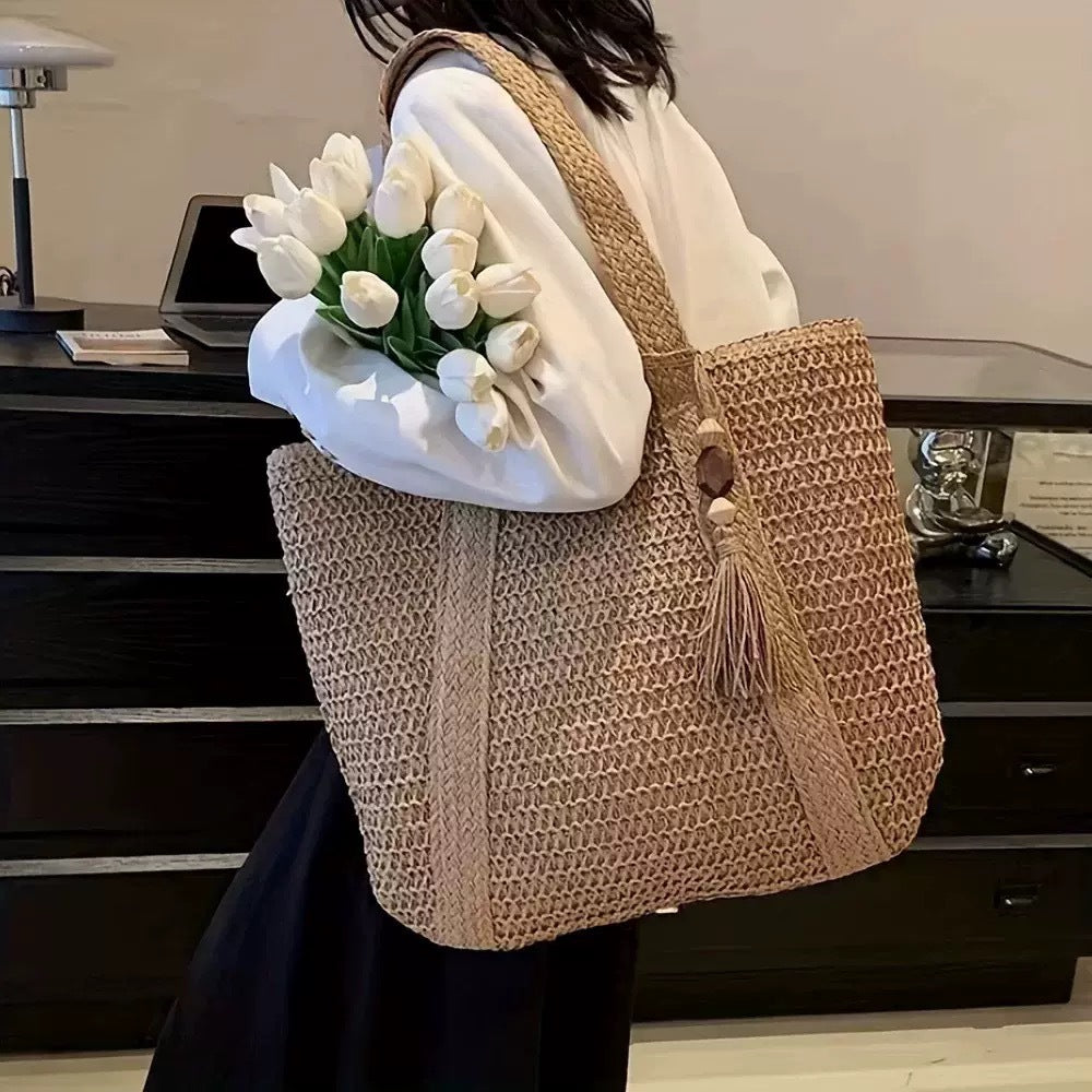 Solid Color Large-Capacity Braided Straw Beach Shoulder Bag