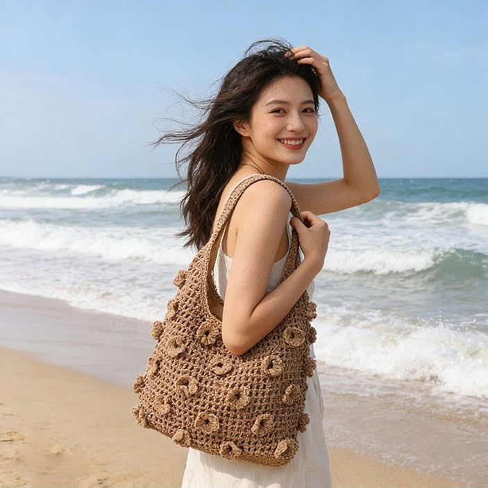 Large Capacity Flower Cotton Woven Straw Beach Bag