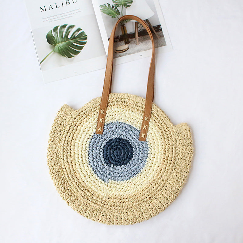 Women Color-Block Shoulder Handmade Woven Straw Beach Bag
