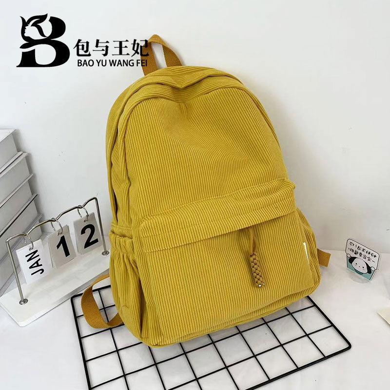 New Corduroy College Student Backpack Women'S Large Capacity School Bag Junior High School Student Solid Color Simple Travel Backpack For Men And Women