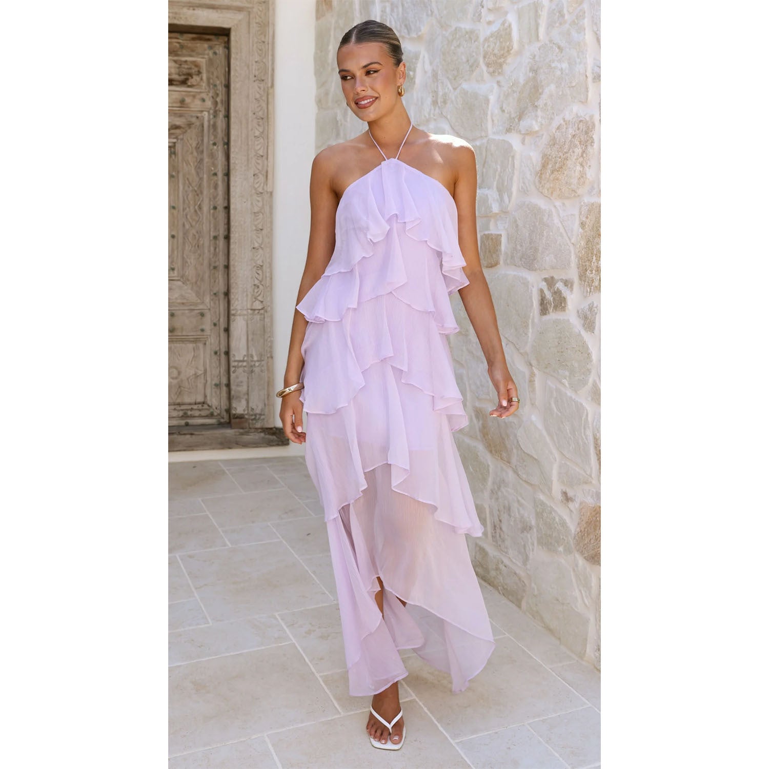Ruffled Elegant Halter Neck Cake Chiffon Dress