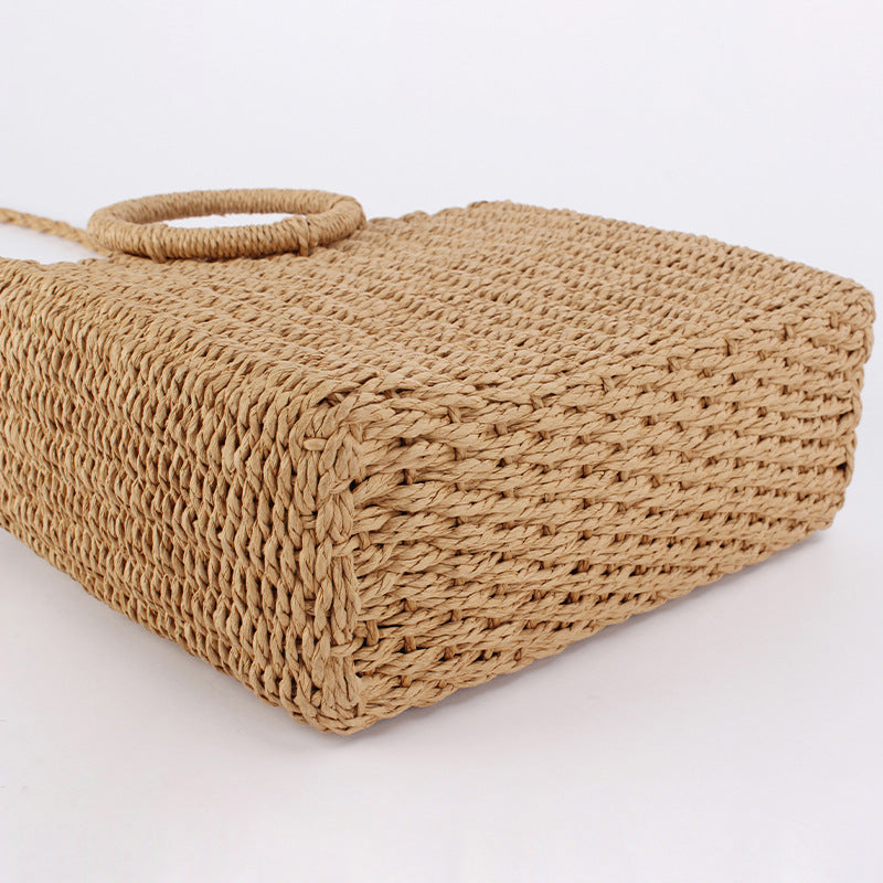 Women Solid Color Woven Beach Bag, Round Handle 2-in-1 Shoulder Handbag