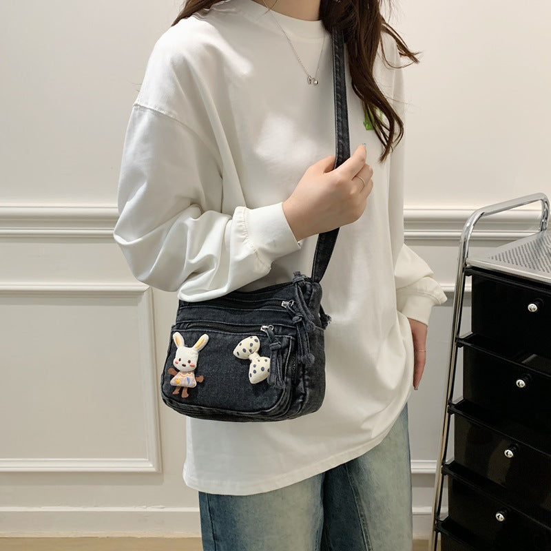 Cute Bunny Denim Crossbody Bag with Multiple Zipper Pockets