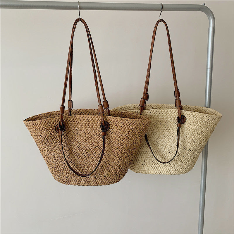Women Straw Large Minimalist Handmade Woven Handheld Shoulder Beach Bag