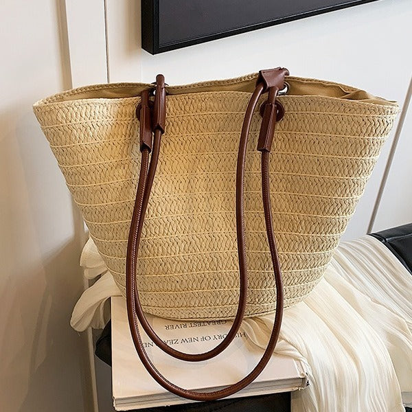 Women French Straw 2026 Summer New Woven Beach Large Shoulder Tote Bag