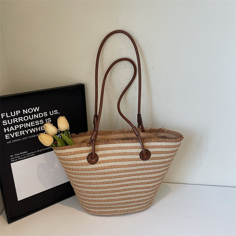 Women Unique Woven Large Striped Handheld Rustic Beach Bag