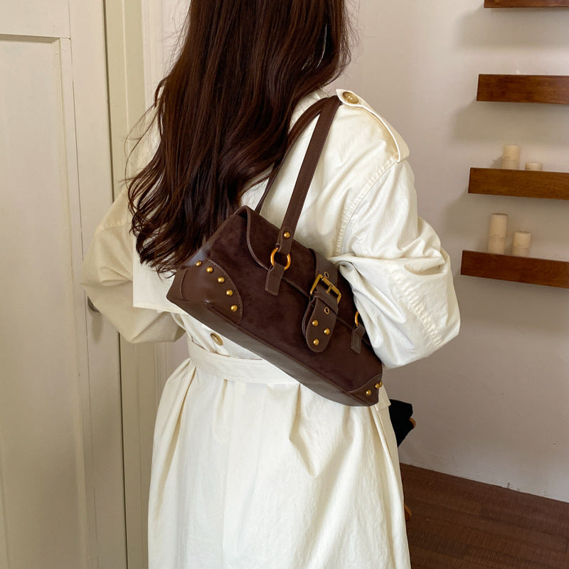 Chic Studded Suede Shoudler Bag with Buckle Detail