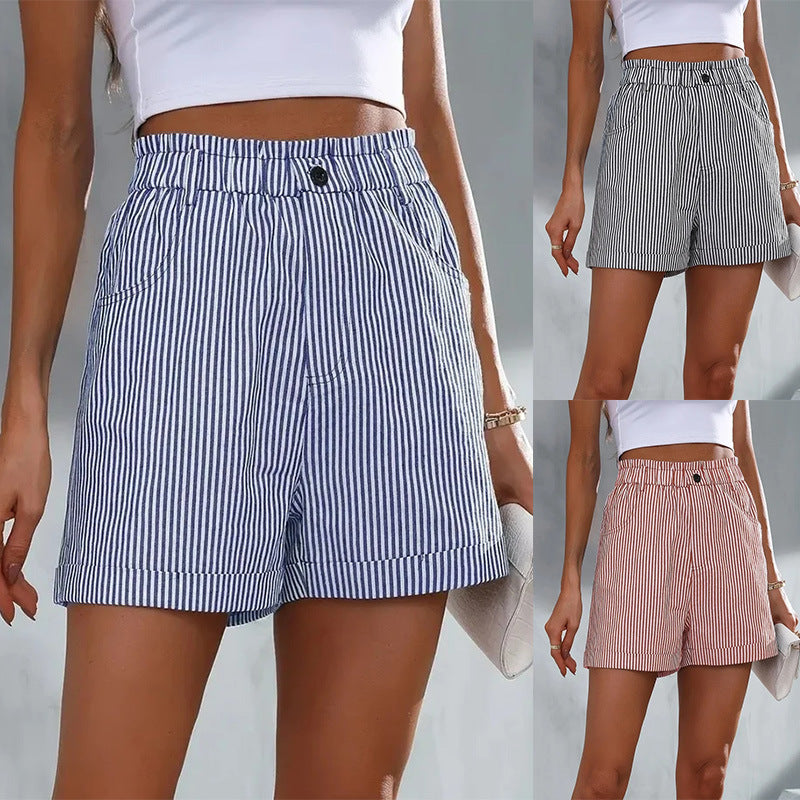 Women Casual Pocket Striped Shorts