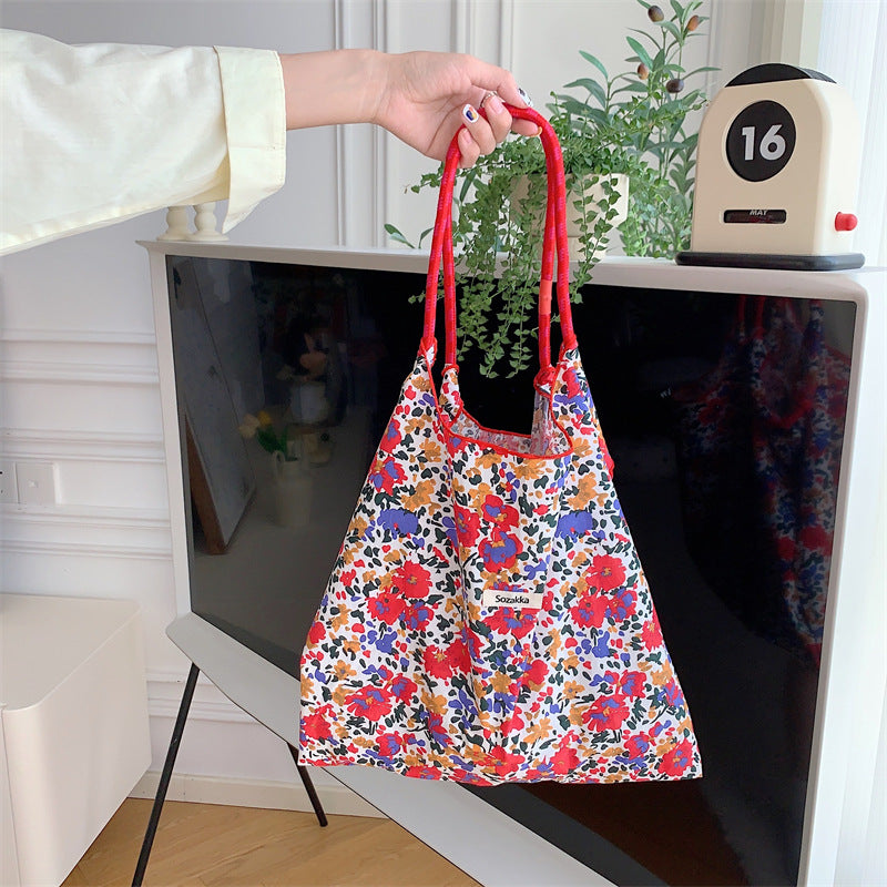 Korean Large Capacity Drawstring Floral Tote Bag
