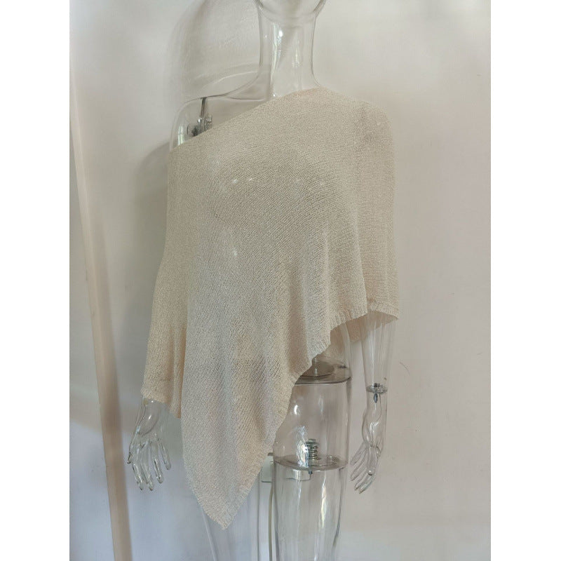 2025 Design Irregular Cape Shawl Sun Protection Shirt Women'S Season Loose Lazy Thin Ice Silk Knitted Sweater Top