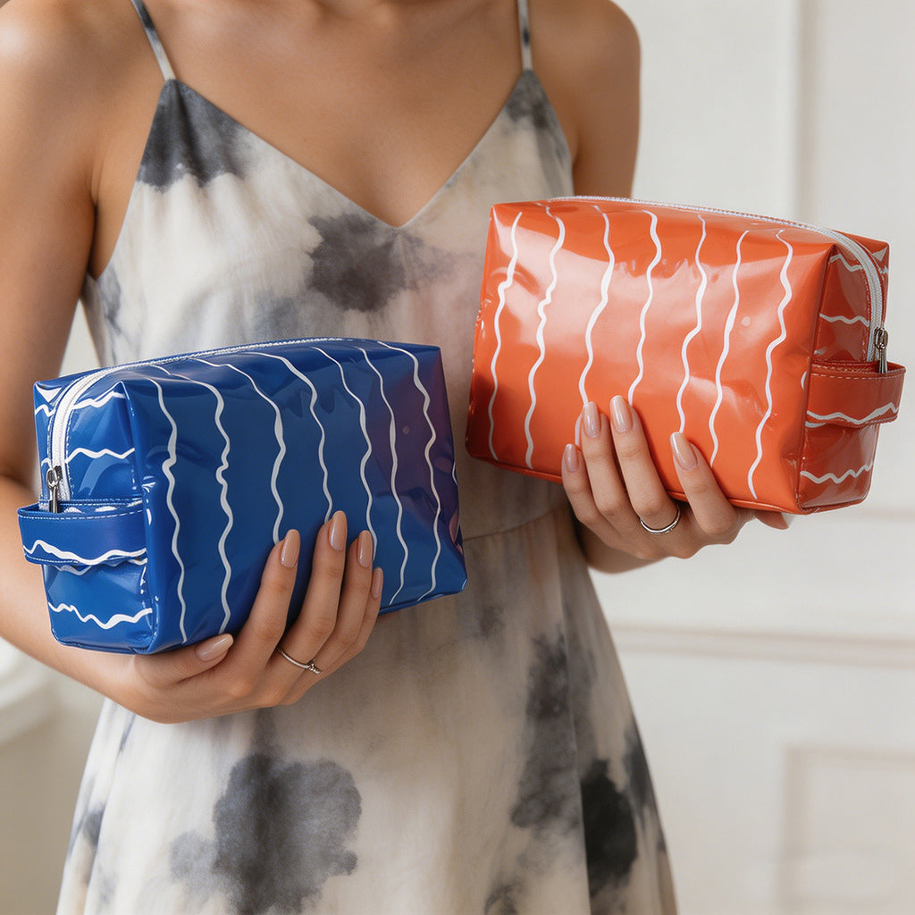 Glossy Waterproof PVC Wave Pattern Cosmetic Travel Bag