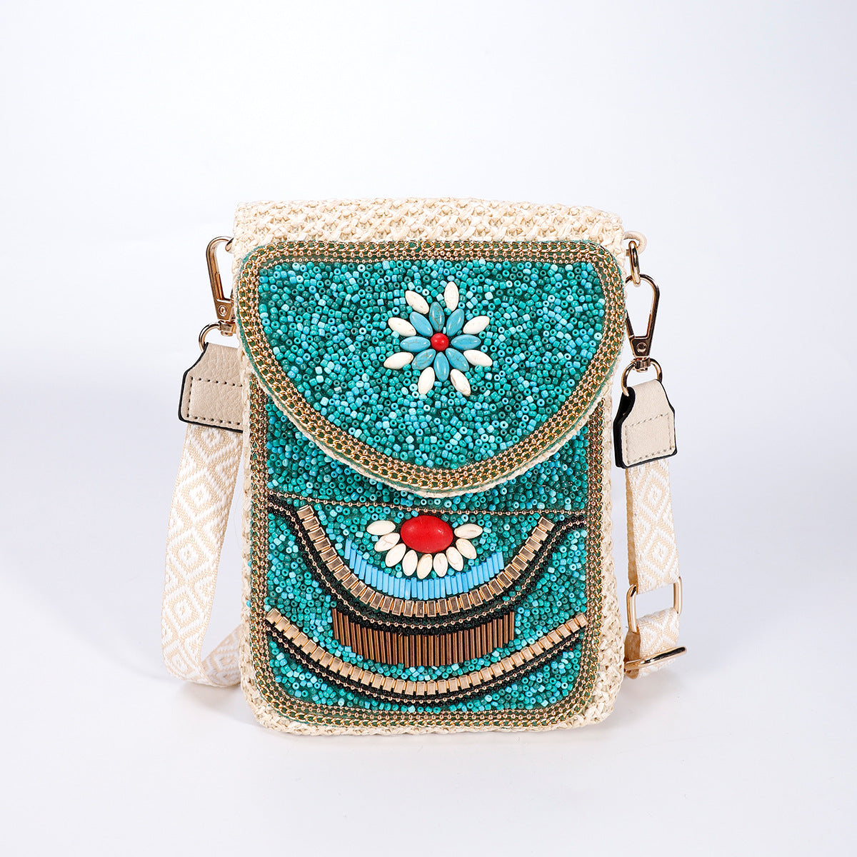 Women Luxury Straw Crossbody Bag, Fashion Beaded Woven Phone Shoulder Bag