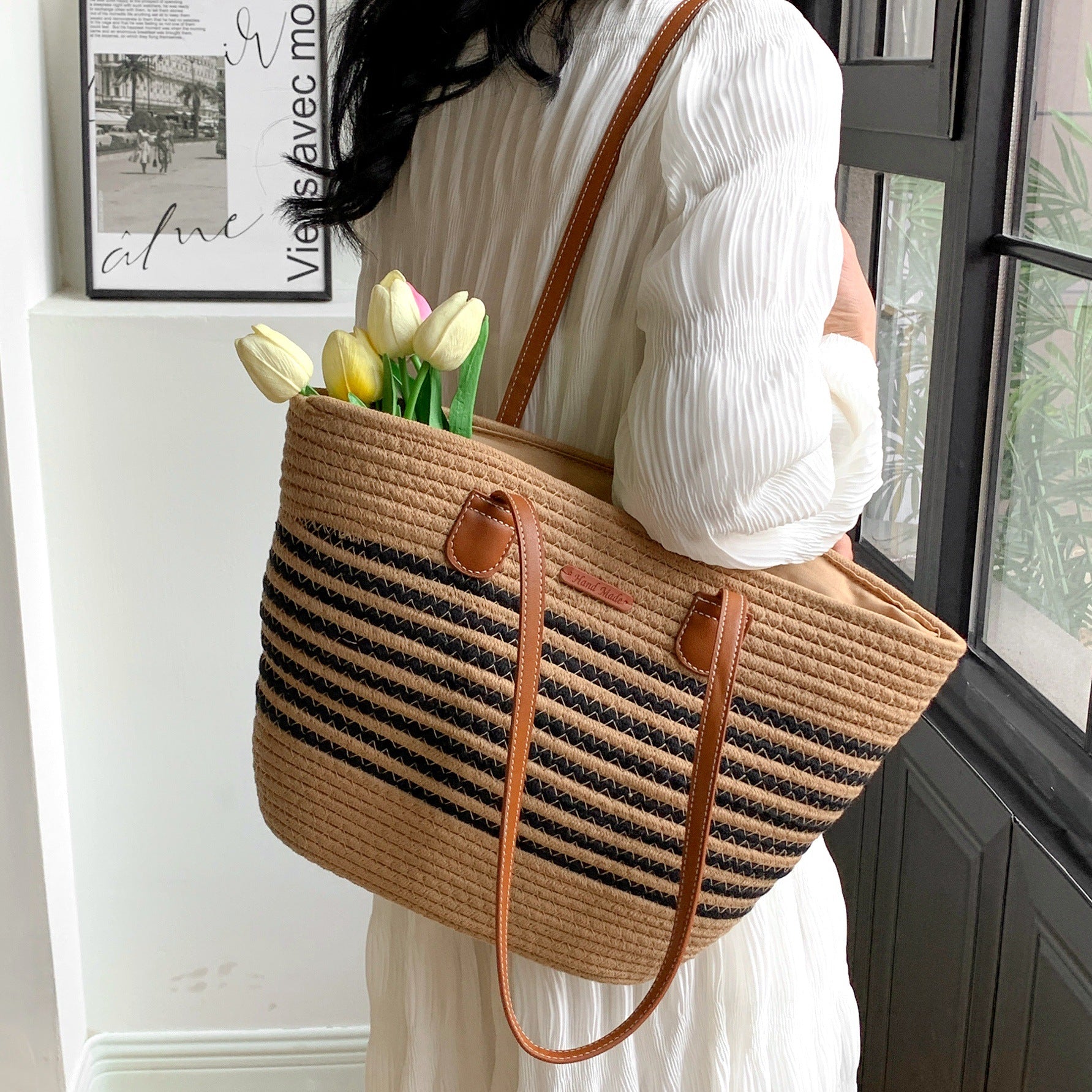 Women Fashion Straw Large Hollow Tote Beach Cotton Handheld Bag