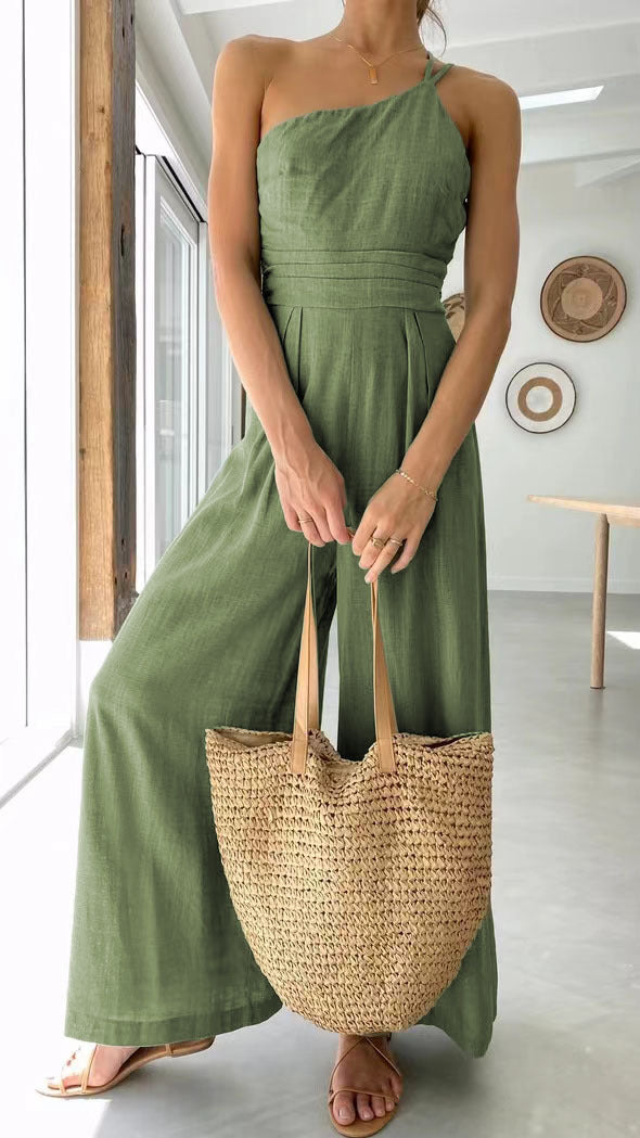 Solid Color Loose Wide-Leg Cotton Linen Jumpsuit