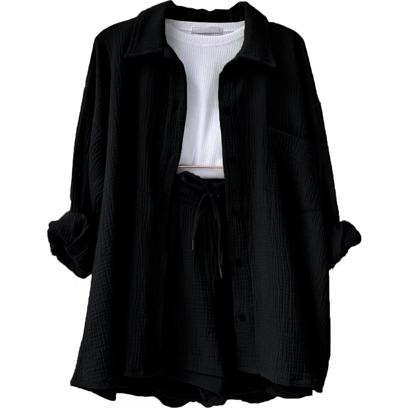 European And American Clothing Two-Piece Set Wrinkled Lapel Long-Sleeved Shirt High-Waisted Drawstring Shorts Large Size Fashion Casual Suit