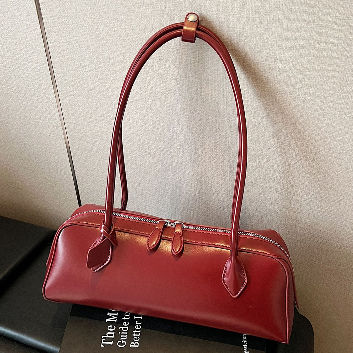 Minimalist East West PU Leather Baguette Shoulder Bag