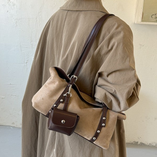 Vintage Suede Shoulder Bag with Mini Pouch and Adjustable Strap