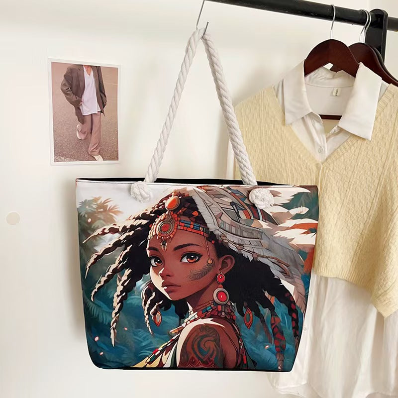 High-End Ethnic Canvas Hemp Rope Armpit Tote