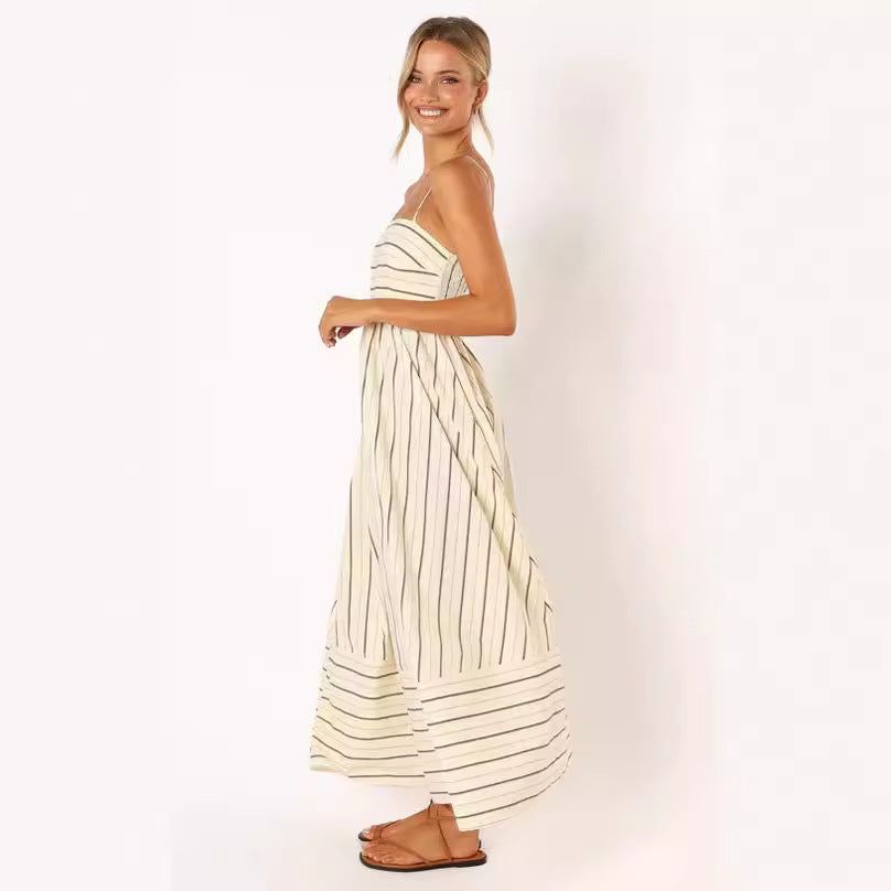 Striped Suspender Backless Large Swing Fresh Dress