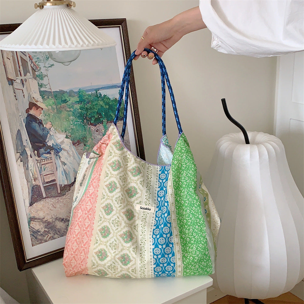 Korean Large Capacity Drawstring Floral Tote Bag