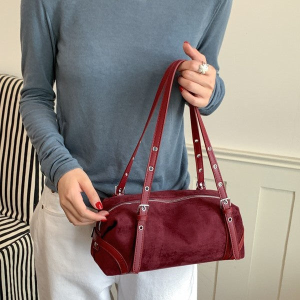 Vintage Studded Suede-Look Boston Shoulder Bag with Studded Straps