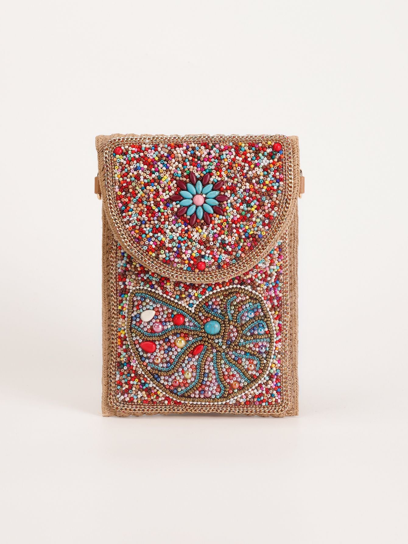 Women Luxury Straw Crossbody Bag, Fashion Beaded Woven Phone Shoulder Bag