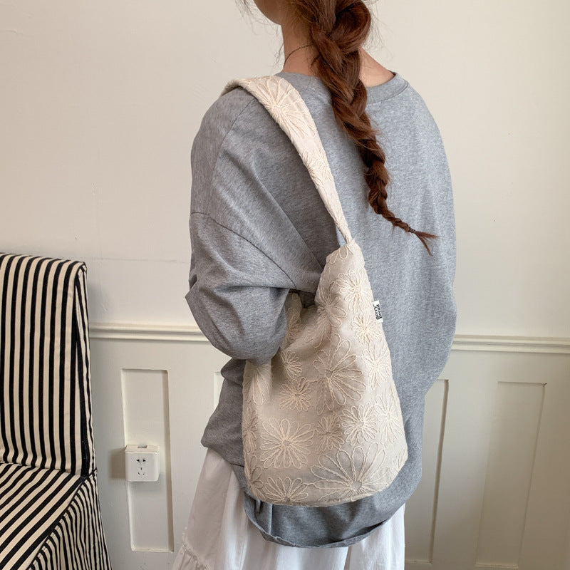 Floral Embroidered Canvas Shoulder Bag