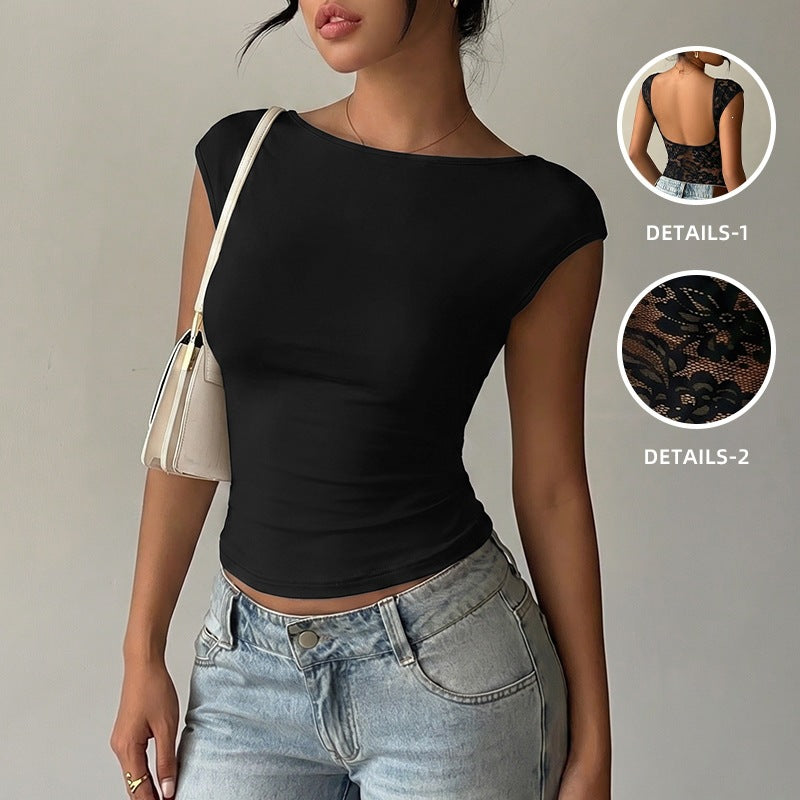 Women 2026 Summer New Short Sleeve Backless Patchwork Lace Knit Top