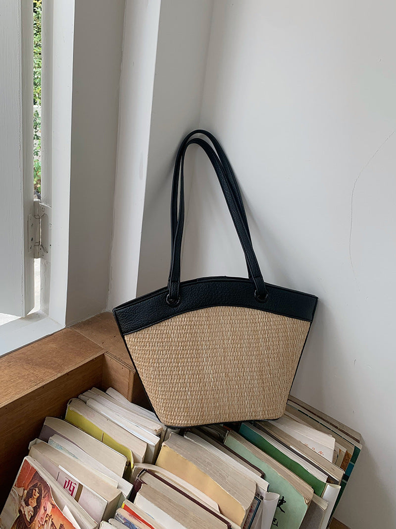 French Retro Straw Vegetable Basket Shoulder Woven Beach Bag