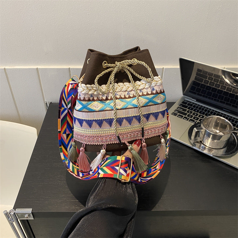 Ethnic Tassel Totem Bucket Crossbody Bag