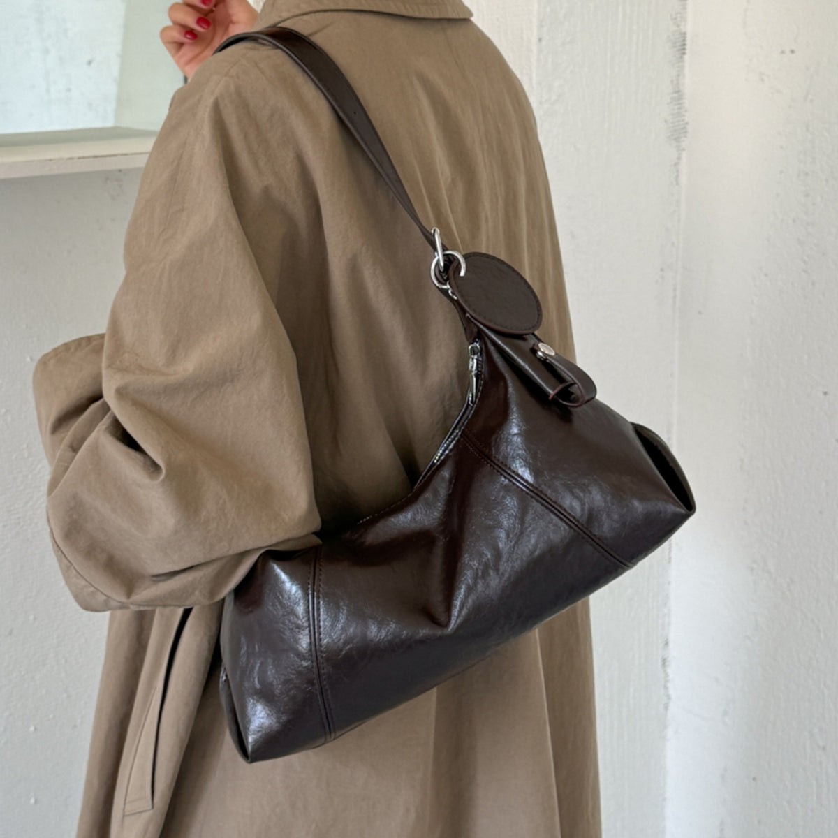 Soft PU Leather Hobo Shoulder Bag with Stitching Details