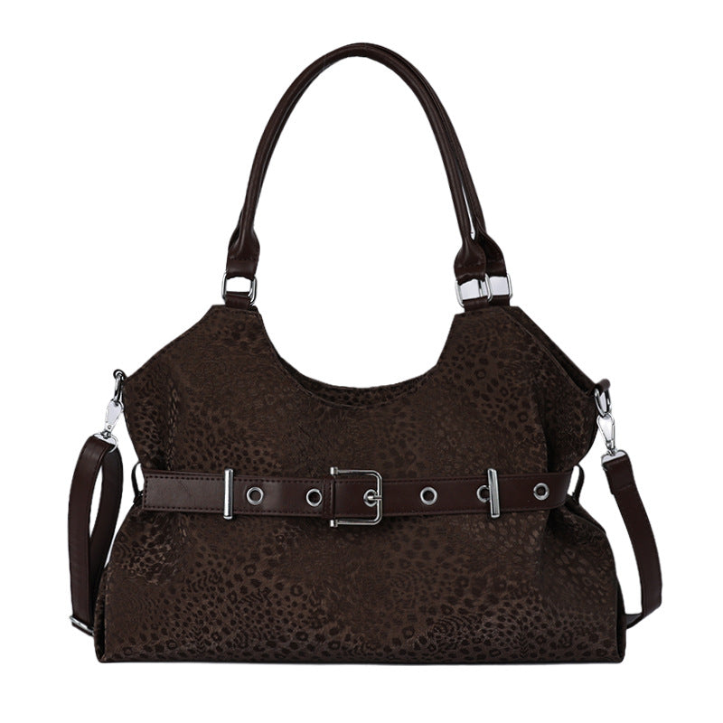 Leopard Print PU Leather Belted Shoulder Tote Bag with Detachable Strap