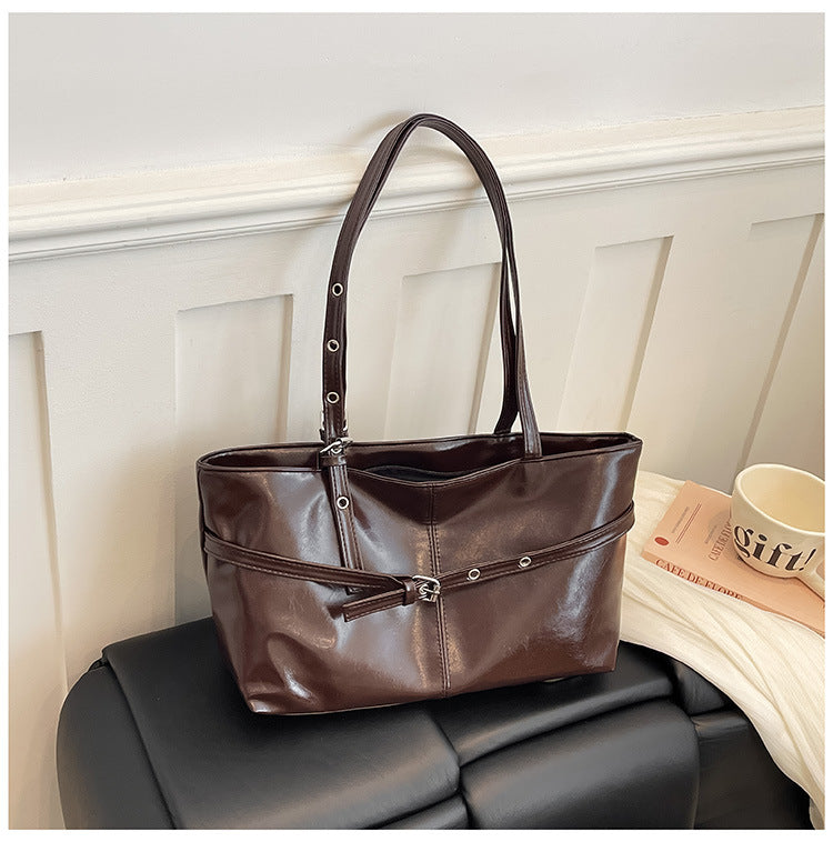 Buckle Strap Vintage Soft Zip Closure Tote Bag