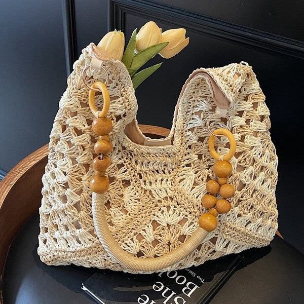 Women Summer Hollow Straw 2026 New Vintage Wood Bead Shoulder Beach Bag