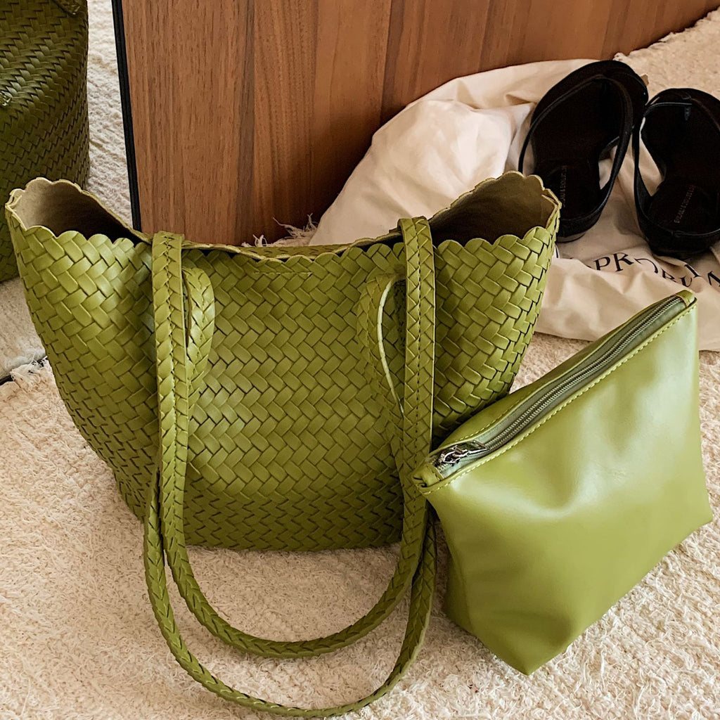 Woven PU Leather Shoulder Tote Bag with Scalloped Edge