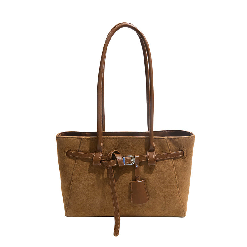 Premium Faux Suede Handbag with Belt Detail