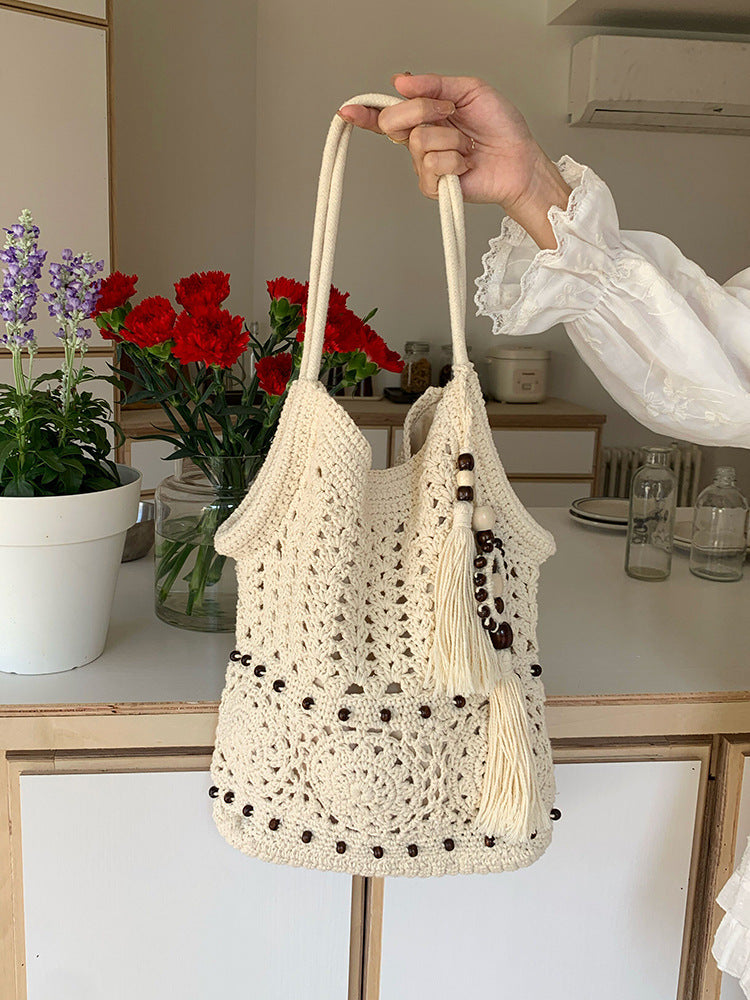 Wooden Beads Tassel Cotton Woven Hollow Straw Beach Bag