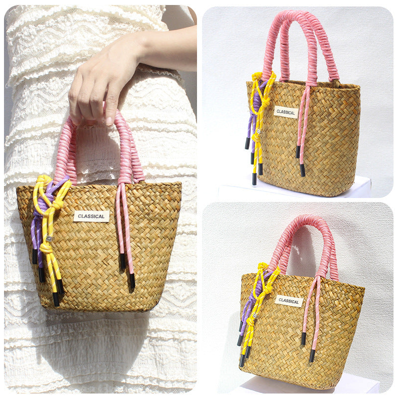 Handmade Colorful Straw Woven Beach Basket Bag
