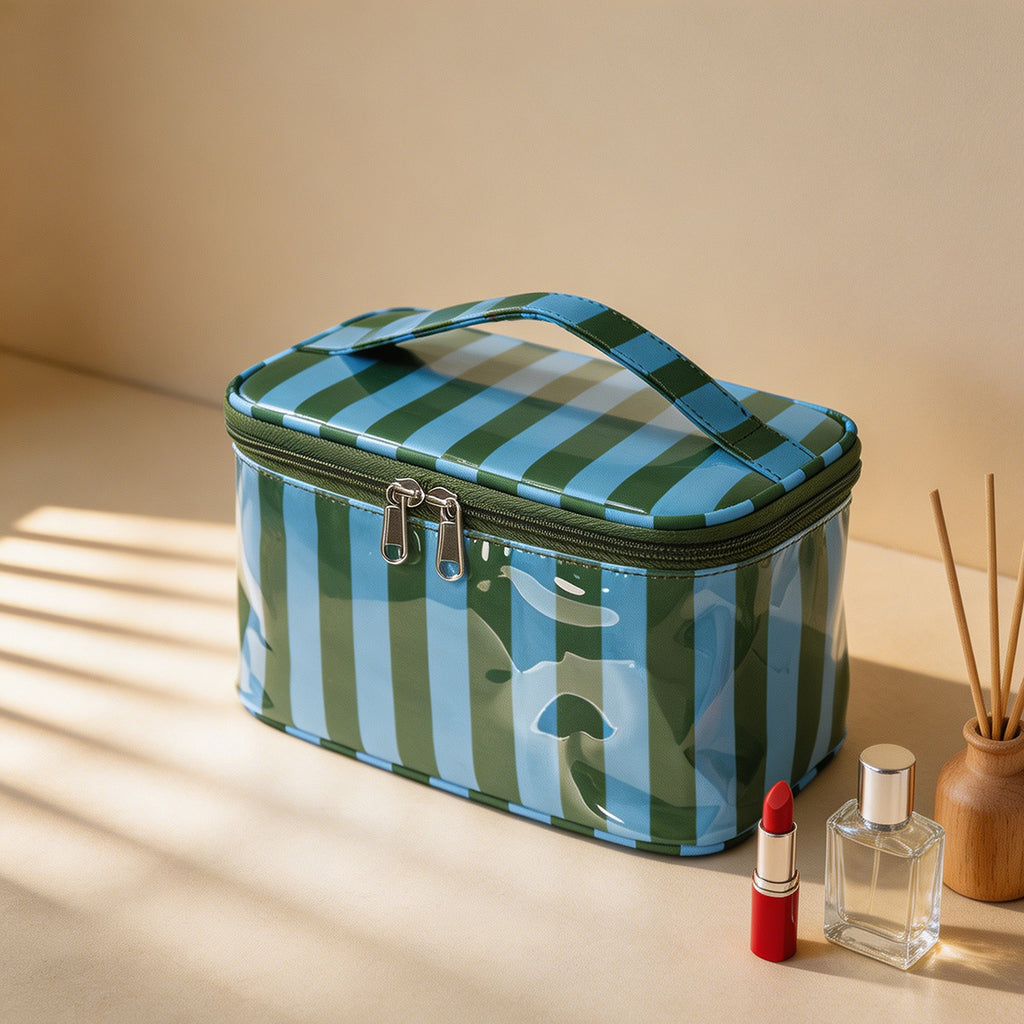 Contrast Stripe Cosmetic Bag Large Capacity Portable Toiletry Bag Waterproof Pvc Travel Storage Bag Large Capacity Cosmetic Bag