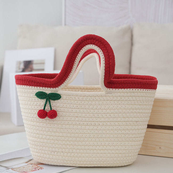 Cotton Rope Woven Cherry Picnic Handbag