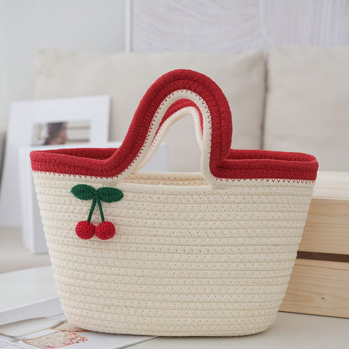 Cotton Rope Woven Cherry Picnic Handbag