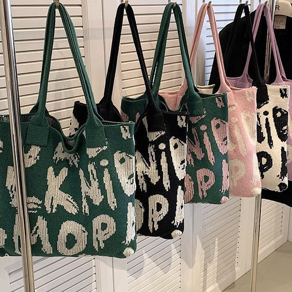 Graphic Letter Knit Tote with Reinforced Straps