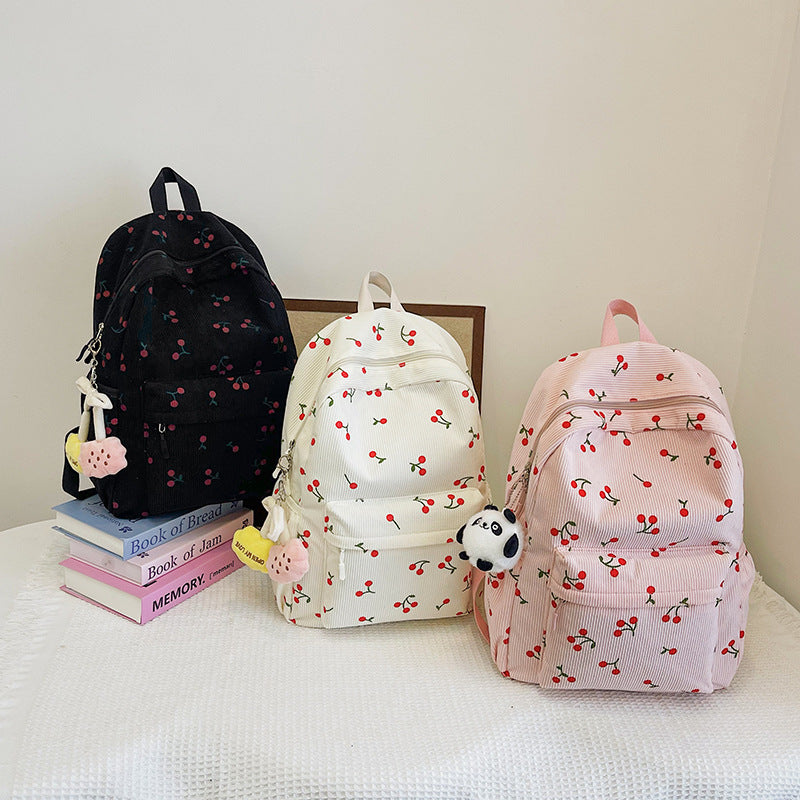 Women Sweet Cherry Corduroy Backpack, Student Travel School Bag