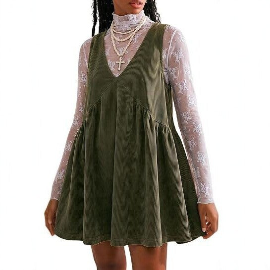 2026 Spring New Arrival: Women's Corduroy Two-Piece Set—V-Neck, Slimming A-Line Dress with European and American Cross-Border Style