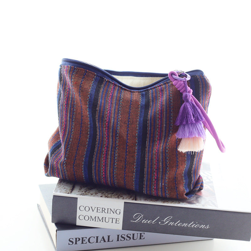 Women Colorful Stripe Tassel Handheld Ethnic Zipper Travel Pouch