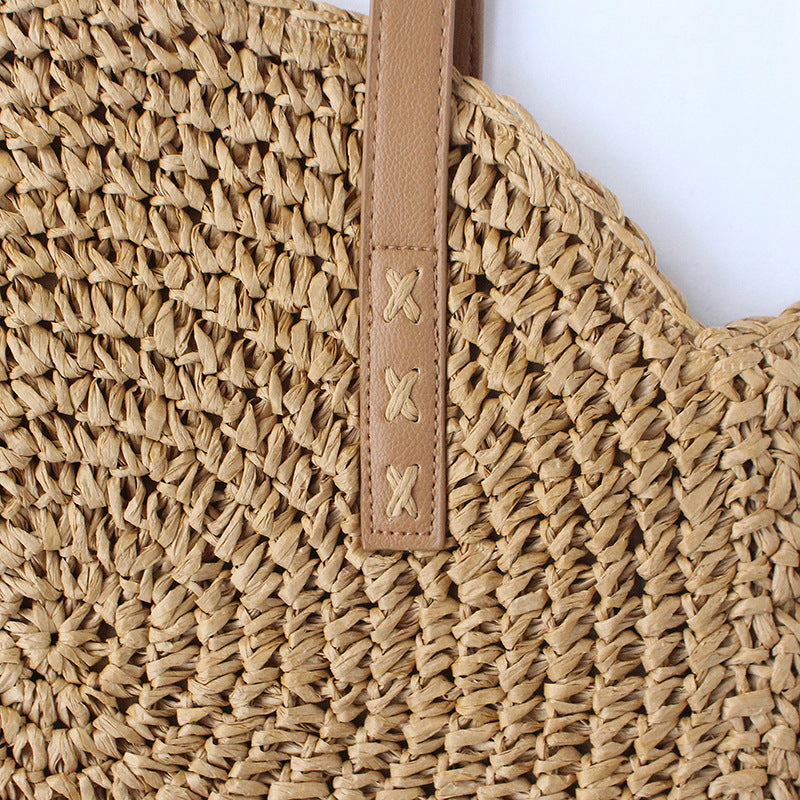 Straw Woven Bag New Shoulder Women'S Bag Beach Woven Bag Fashion Simple Literary Leisure Travel Vacation Round Large Bag